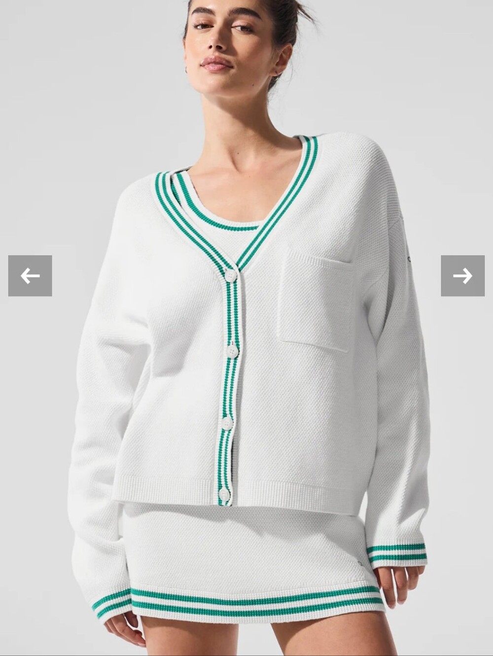 Alo Yoga Tennis Club Sweater Knit Cardigan White  / Spruce Green S Oversized